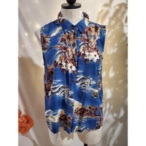 Vtg 90s Hilo Hattie Hawaiian Original Floral Button Sleeveless Top Womens Size M
